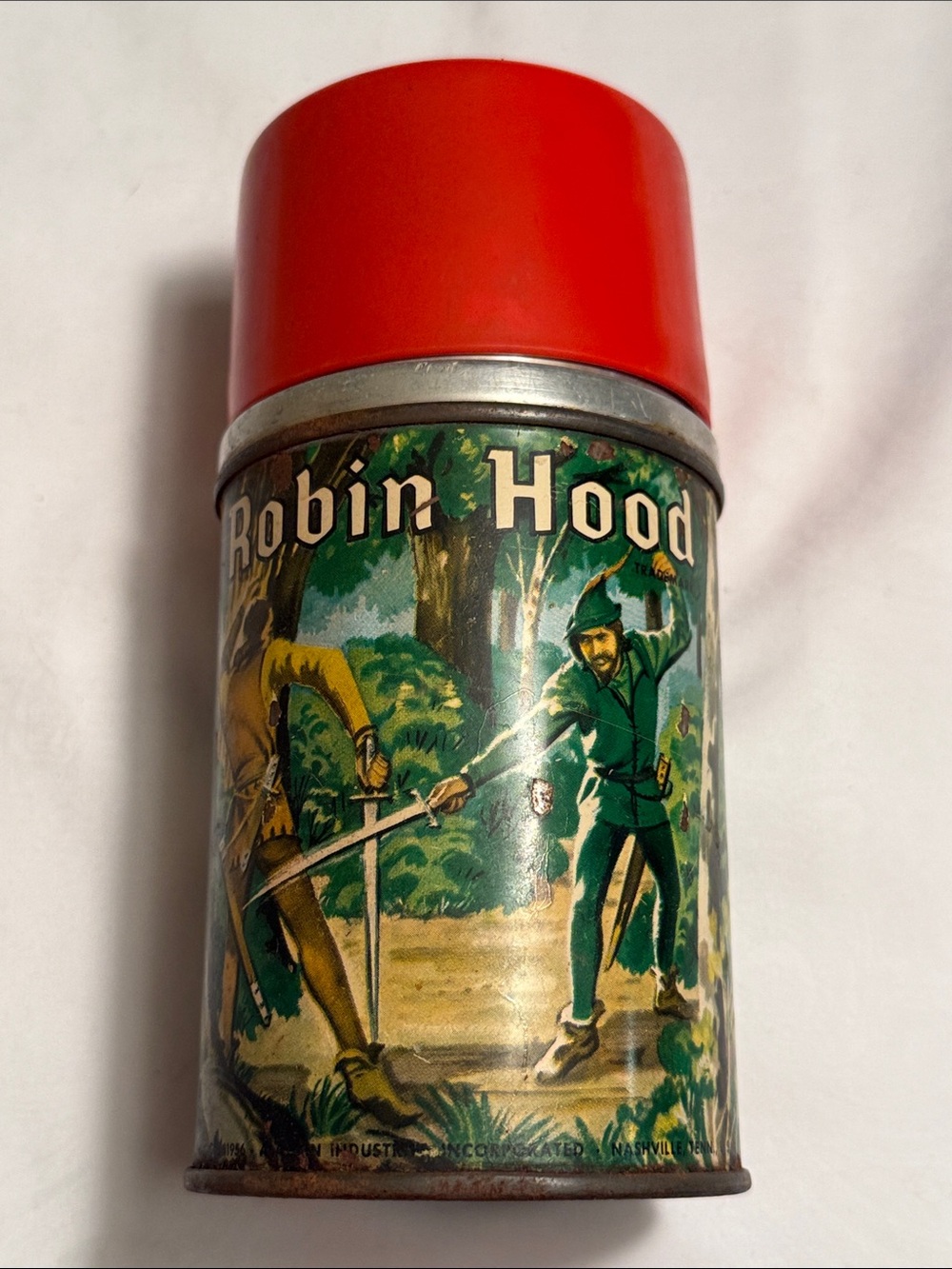 Antique 1956 Robin Hood Red and Green Decorative Metal Canister 70 years old!